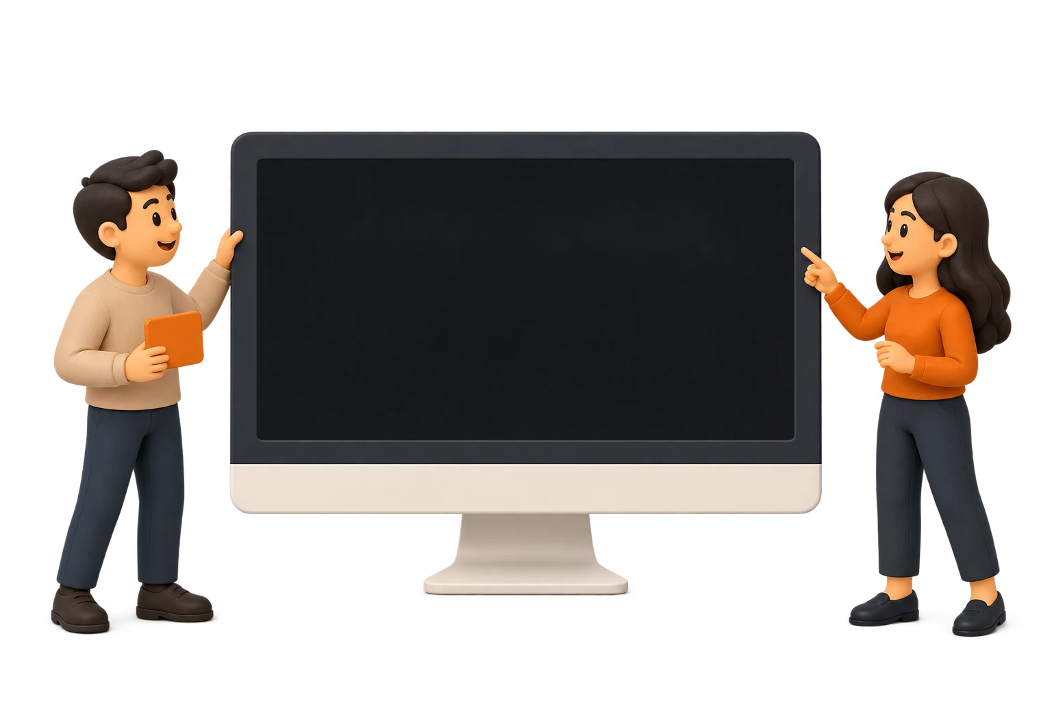 Due persone davanti a un grande monitor: sullo schermo prendono forma un sito, una web app, un'automazione e uno strumento su misura.